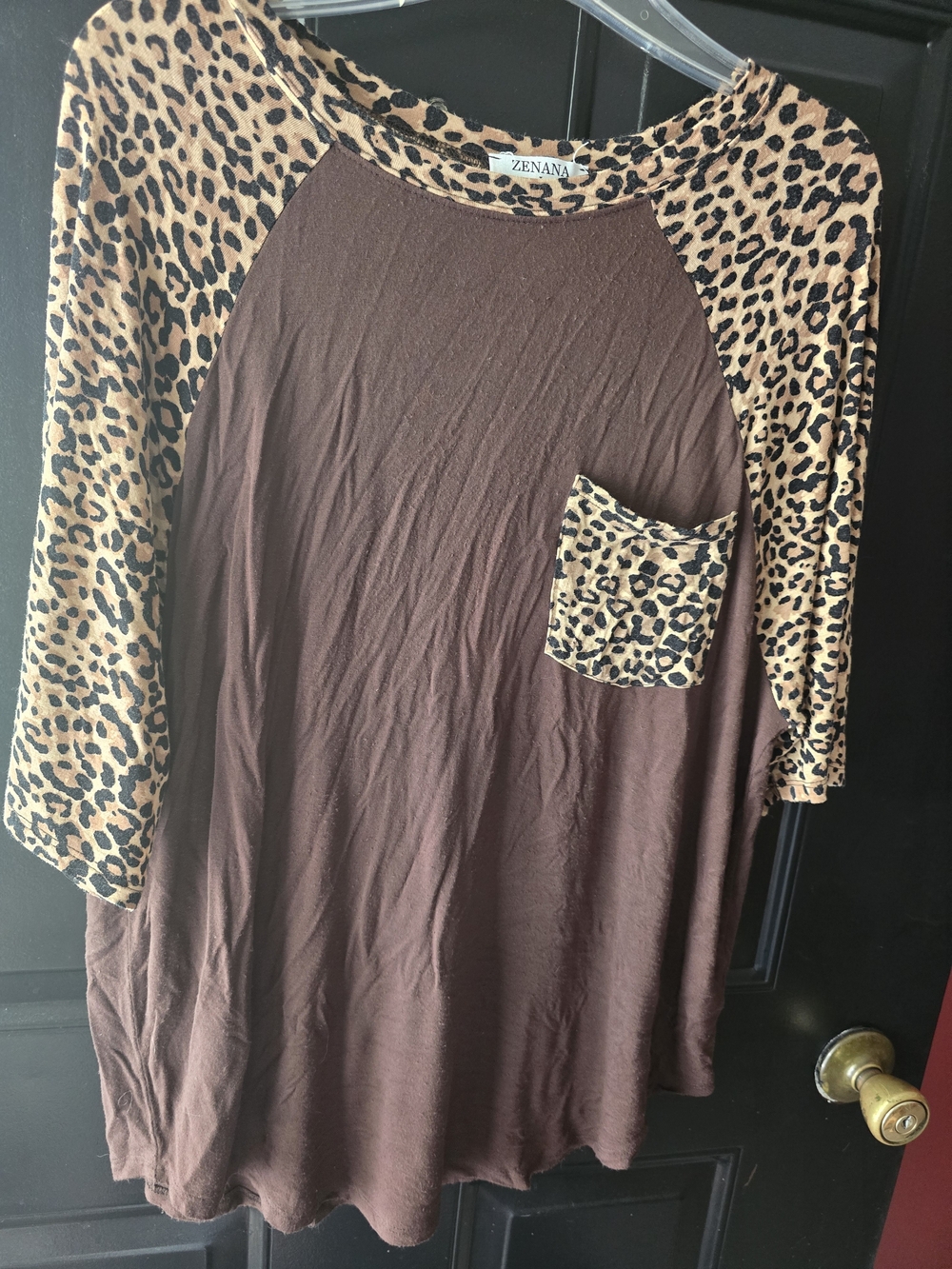 ZENANA Large Brown Top with Leopard Sleeves And Pockets